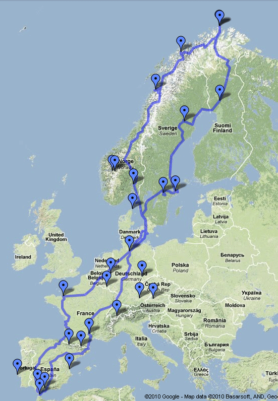 Приблизительный маршрут с потенциальными и посещенными 'самыми-самыми' точками Европы